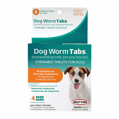 A box of Durvet Dog Worm Tabs chewable tablets for puppies and small dogs weighing 2 to 25 pounds.