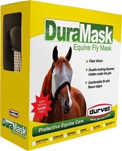A Durvet DuraMask equine fly mask in its yellow retail packaging.
