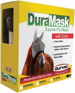 A yellow box for a Durvet DuraMask equine fly mask with ears featuring a picture of a horse.
