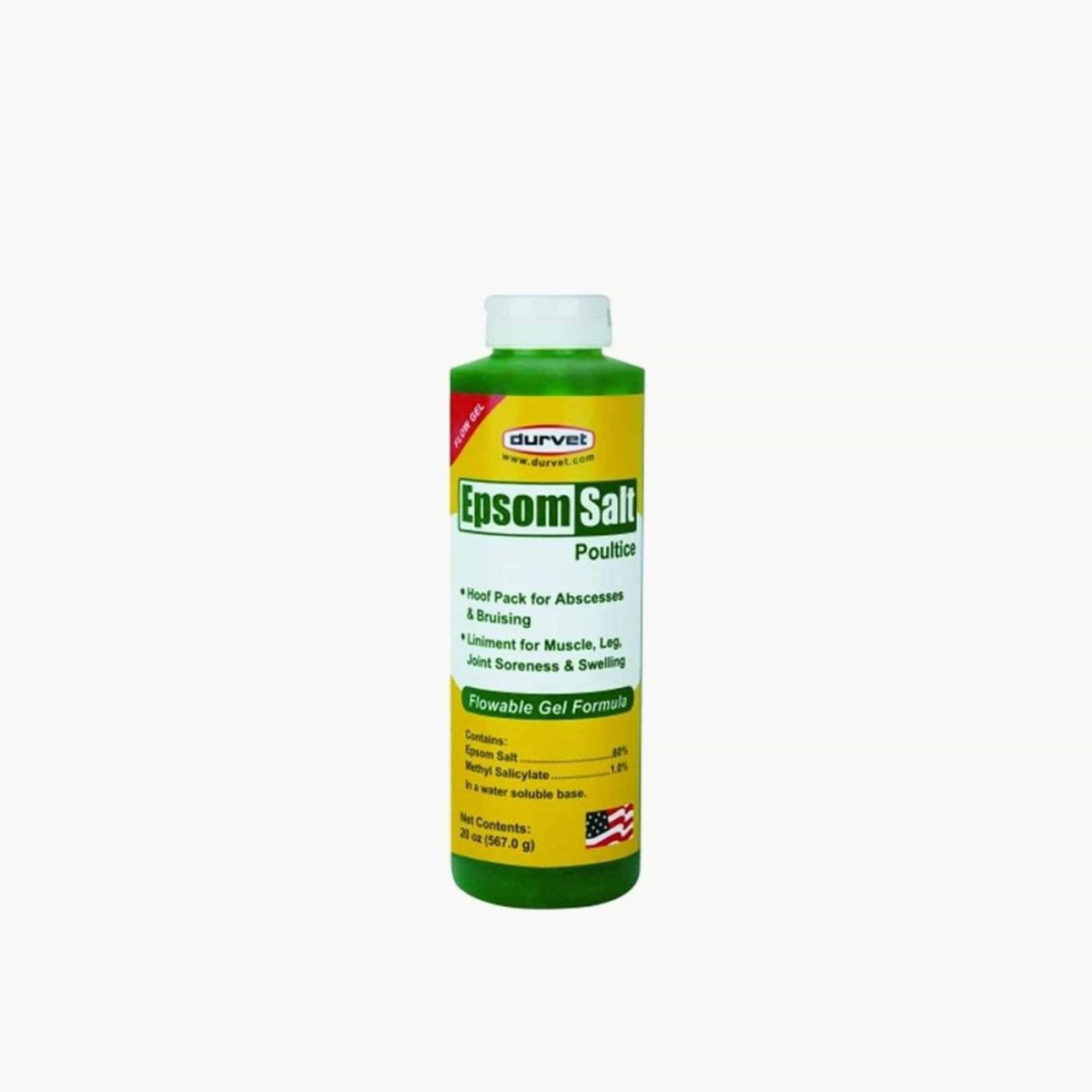 A 20-ounce bottle of Durvet Epsom Salt Poultice flowable gel for animal muscle and hoof care.