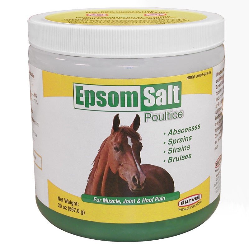 A 20-ounce jar of Durvet Epsom Salt Poultice for horses featuring an image of a horse.