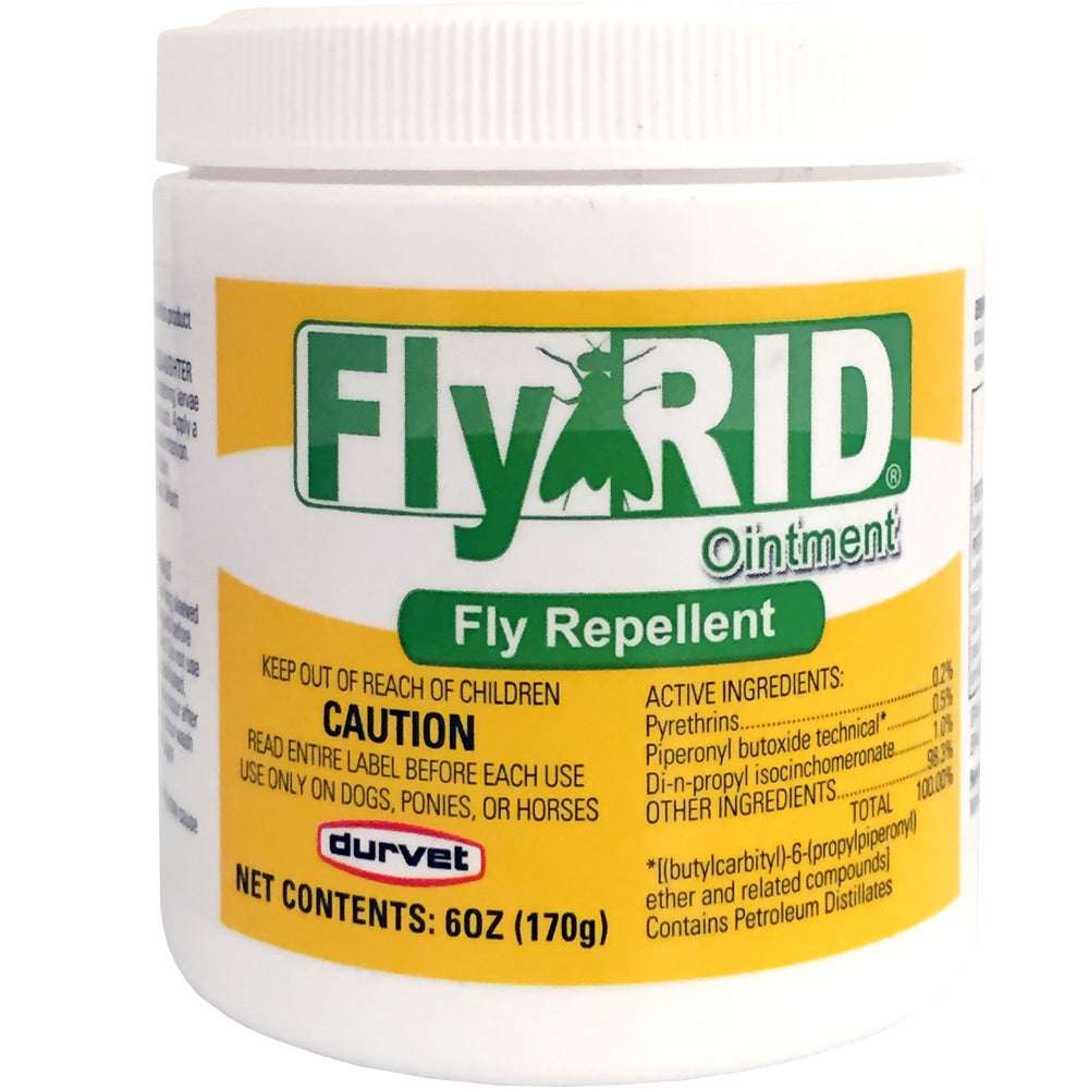 A white jar of Durvet Fly Rid Ointment fly repellent for dogs, ponies, and horses.