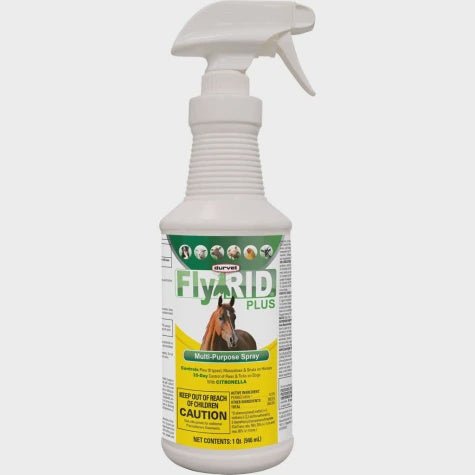 A 32-ounce spray bottle of Durvet Fly Rid Plus insect control for animals and premises.