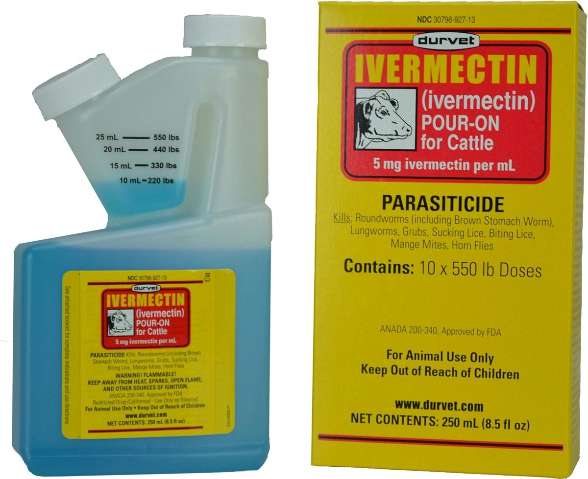 A bottle and box of Durvet Ivermectin Pour-On for cattle treatment.