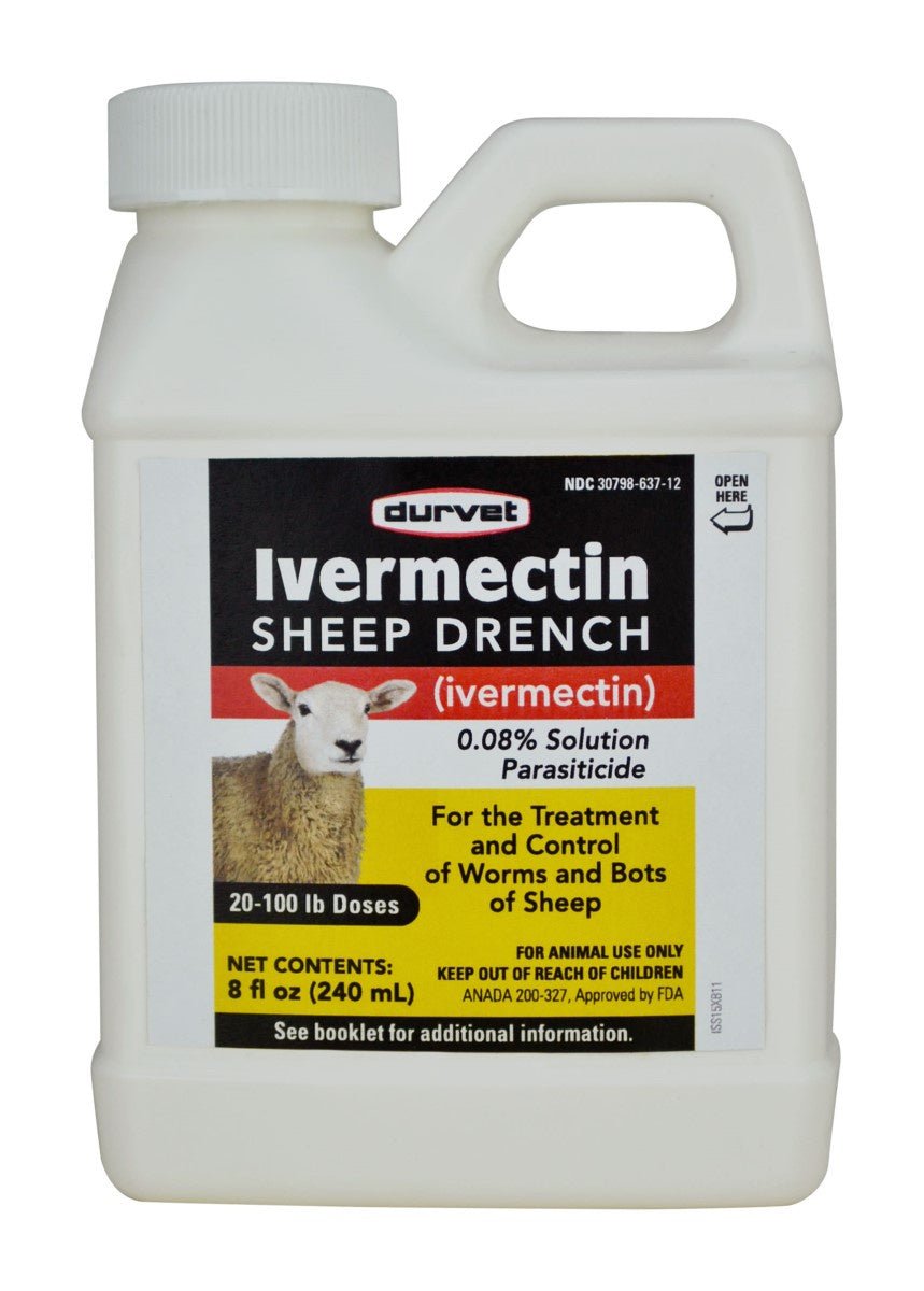 A white plastic bottle of Durvet Ivermectin Sheep Drench with a label featuring a sheep.