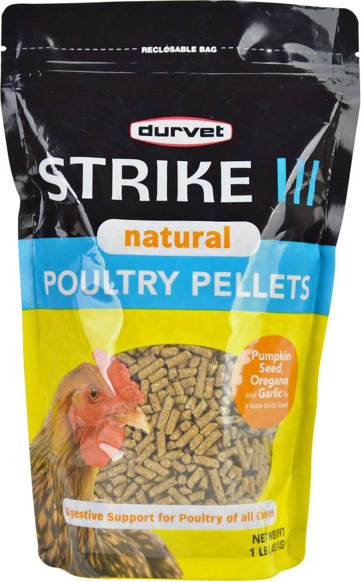 A one-pound bag of Durvet Strike III natural poultry pellets with pumpkin seed, oregano, and garlic.