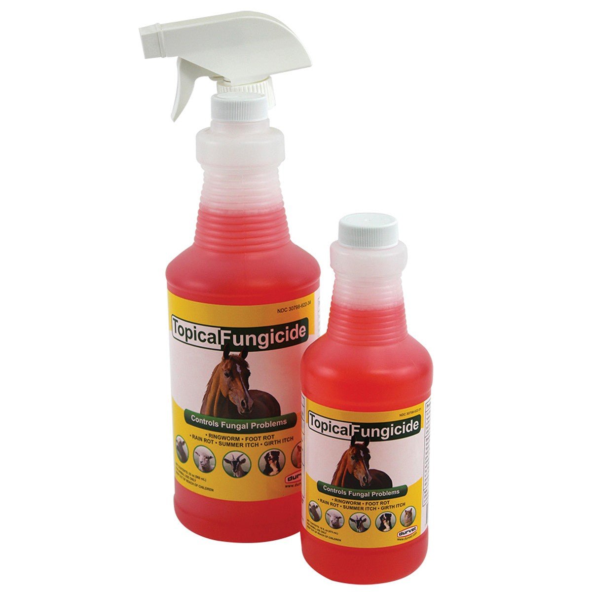 Two bottles of Durvet Topical Fungicide in different sizes with red liquid and spray nozzles.