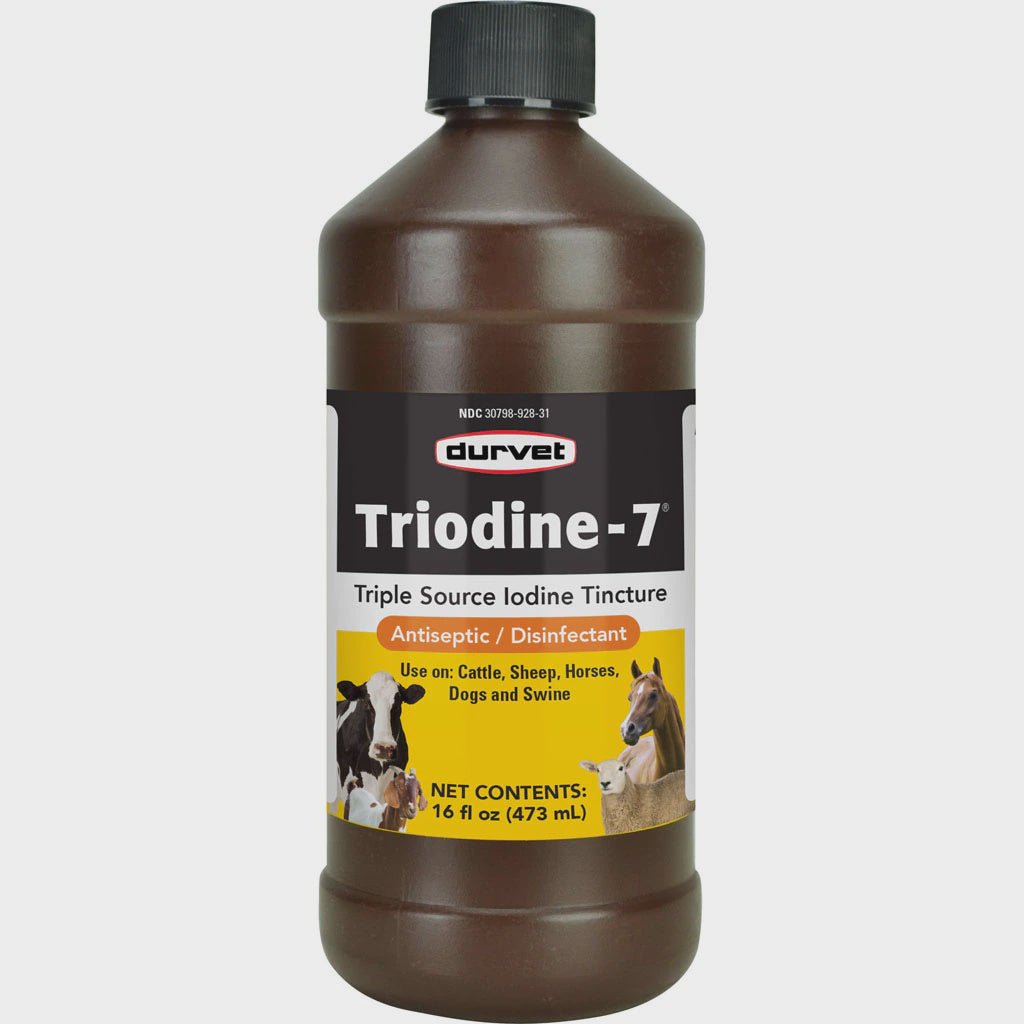 A 16-ounce brown plastic bottle of Durvet Triodine-7 antiseptic and disinfectant.