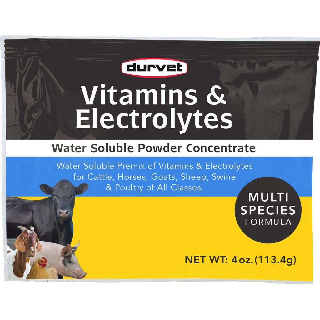 A four-ounce packet of Durvet Vitamins and Electrolytes powder for various livestock and poultry.