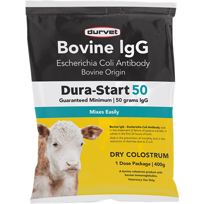 A 400g package of Durvet Dura-Start 50 dry colostrum for calves featuring a calf image.