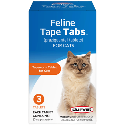 A box of Durvet Feline Tape Tabs containing three praziquantel tablets for cats.