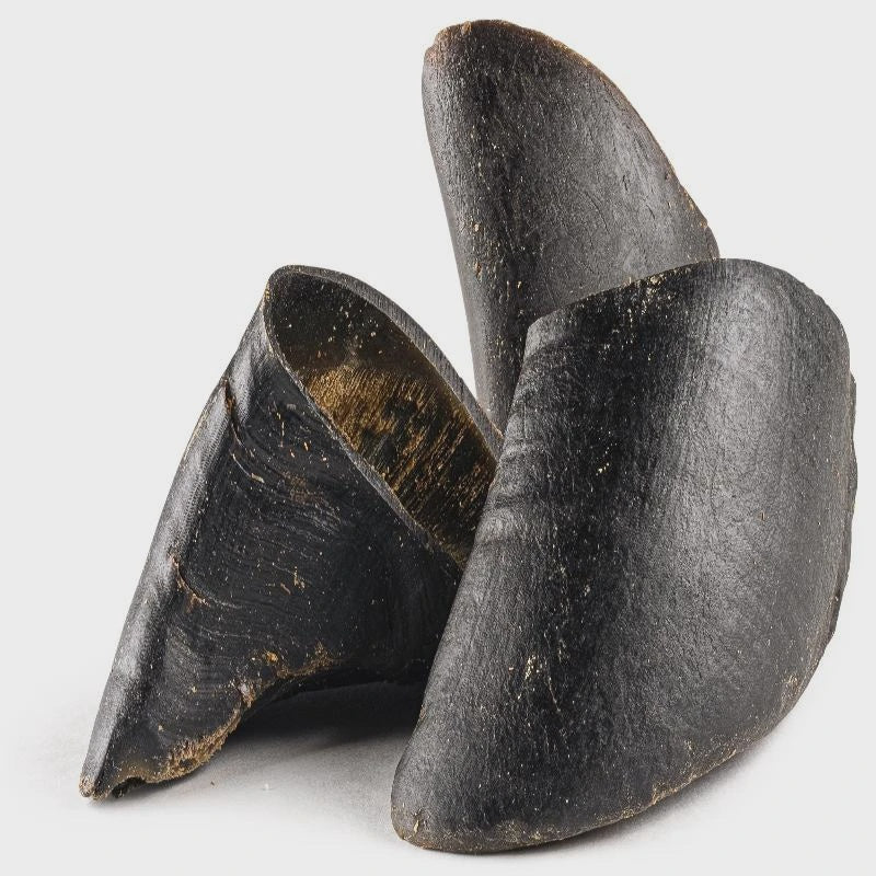 Cow hoof dog chews showing natural variation; package quantity not shown
