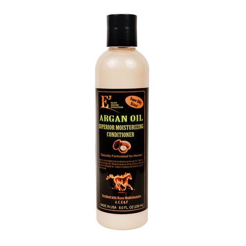 An eight-ounce bottle of E3 Argan Oil conditioner for horses with a black cap.