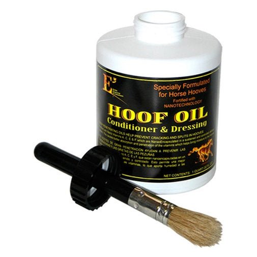 A 32-ounce bottle of E3 hoof oil conditioner and dressing with an attached applicator brush.