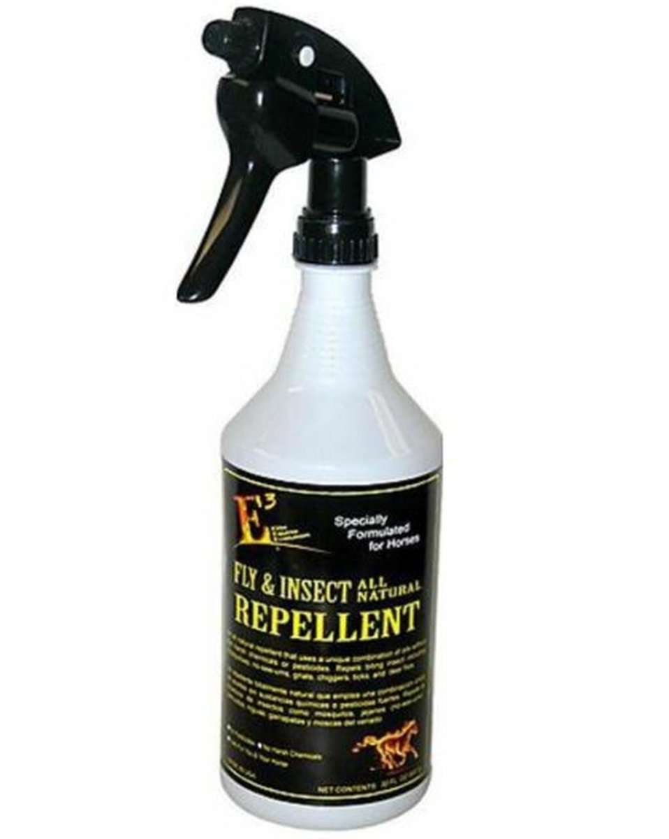A white 32-ounce spray bottle of E3 natural fly repellent for horses with a black trigger nozzle.