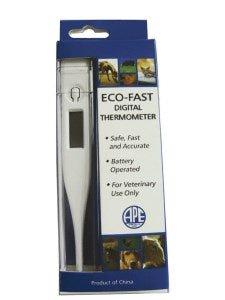 An Eco-Fast digital thermometer for veterinary use in its blue and white retail packaging.