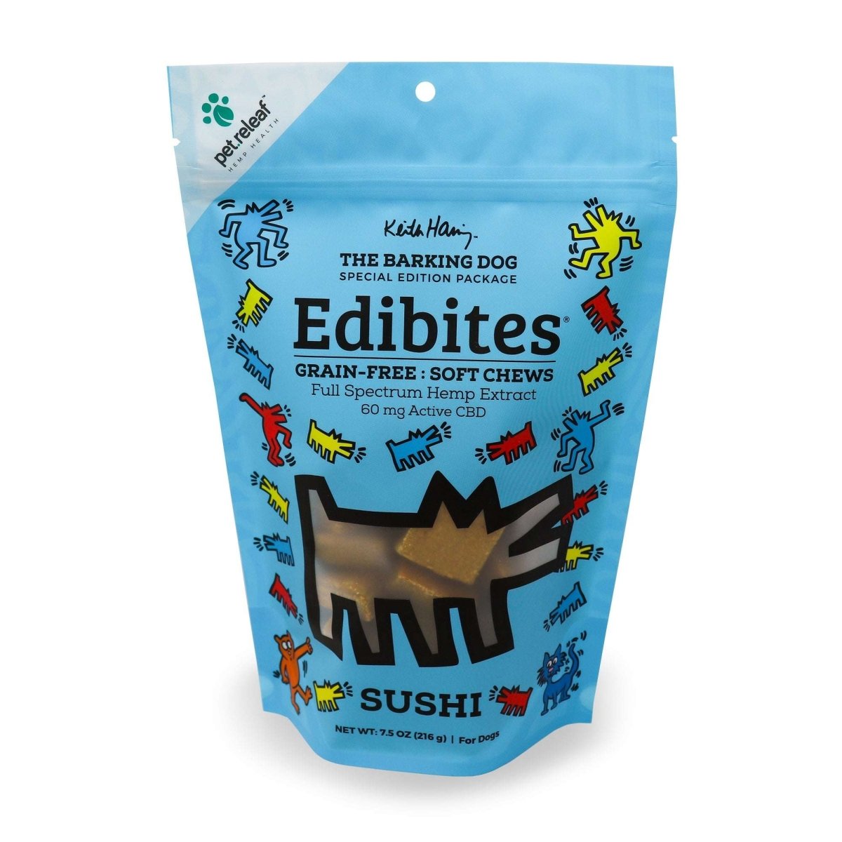 A light blue bag of Pet Releaf Edibites sushi-flavored soft chews for dogs with Keith Haring art.