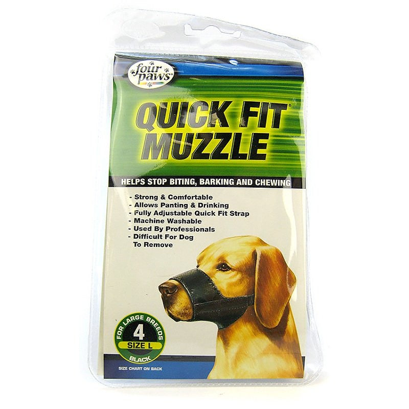 A black size 4 Four Paws Quick Fit muzzle for large dog breeds in its retail packaging.
