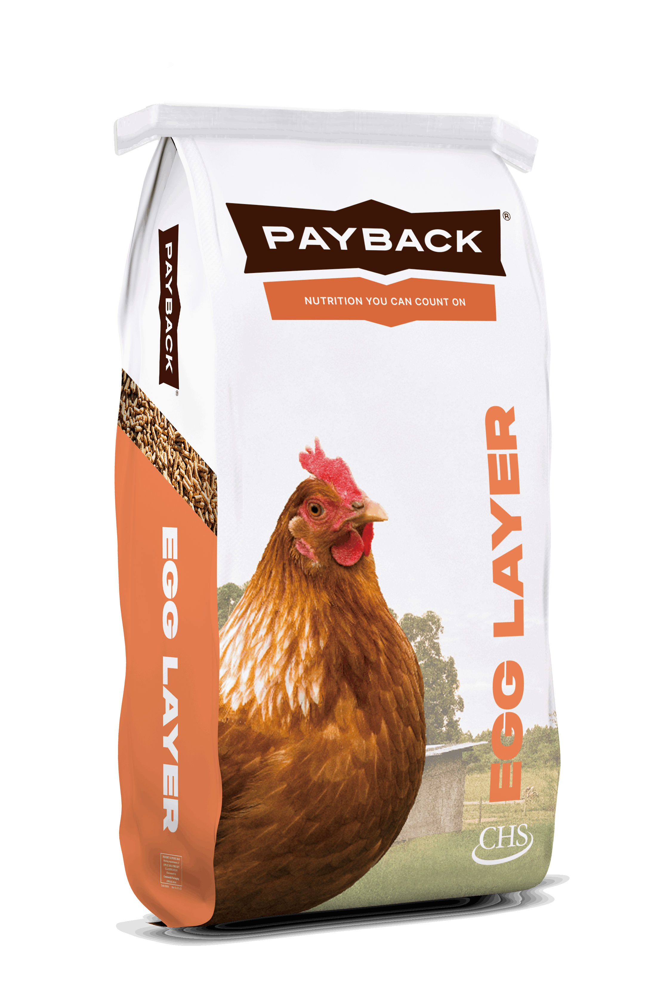 A bag of Payback Egg Layer Ration pellets featuring a brown hen on the front.