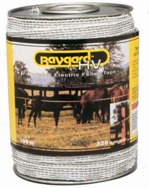 A roll of white electric fence tape with high visibility, measuring 328 feet in length.