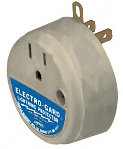 A round gray Electro-Gard lightning protector with a three-prong plug and a status indicator light.
