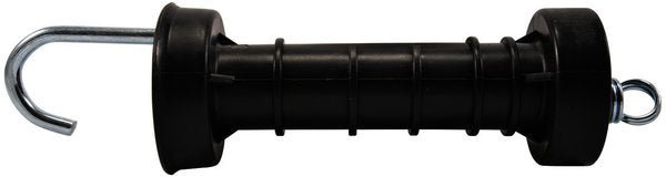 An economy electric fence gate handle with a black plastic grip, a metal hook, and an end loop.