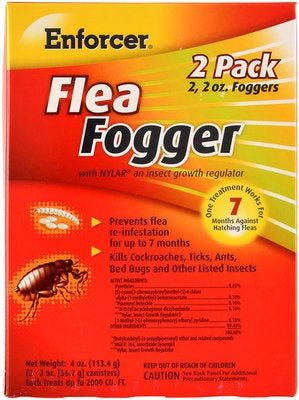 A two-pack of Enforcer Flea Fogger canisters in a red and yellow box.