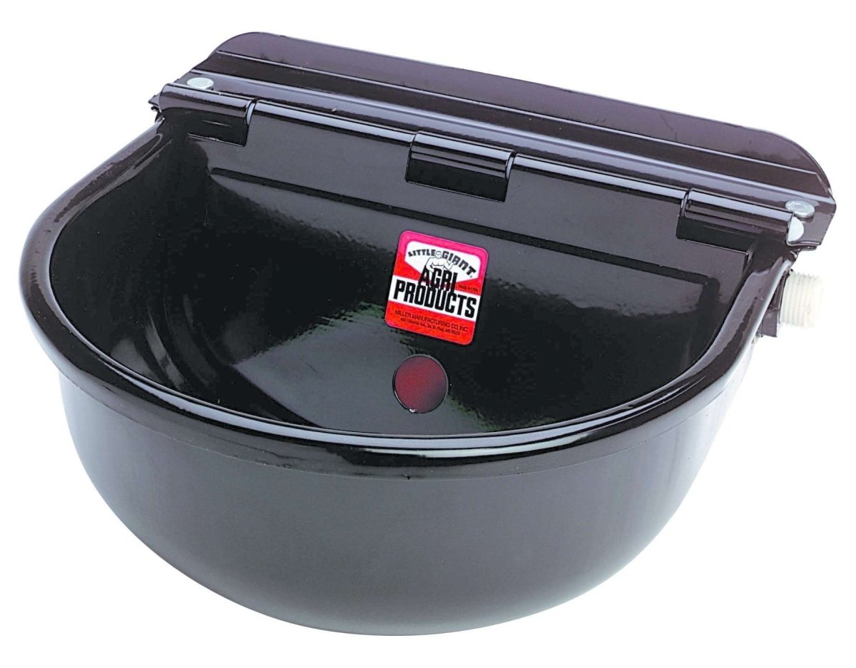 A black epoxy-coated steel automatic waterer for livestock with a mounting bracket.