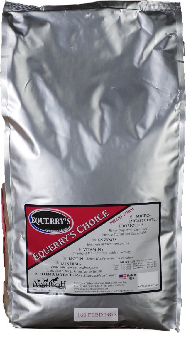 A 20-pound silver bag of Equerry's Choice horse supplement pellets.