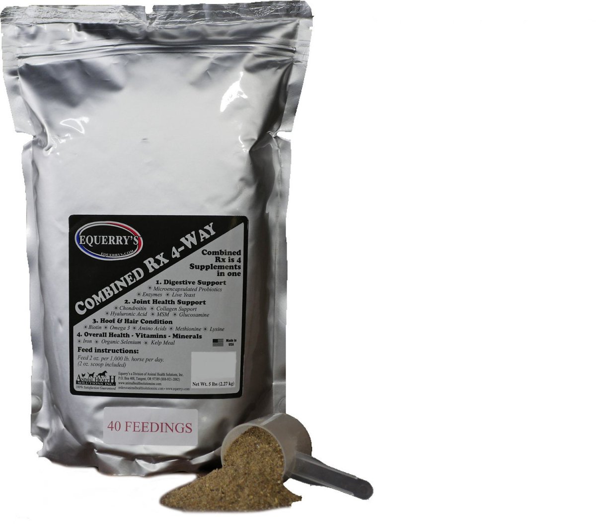 A five-pound bag of Equerry's Combined Rx 4-Way supplement with a scoop of powder in front.