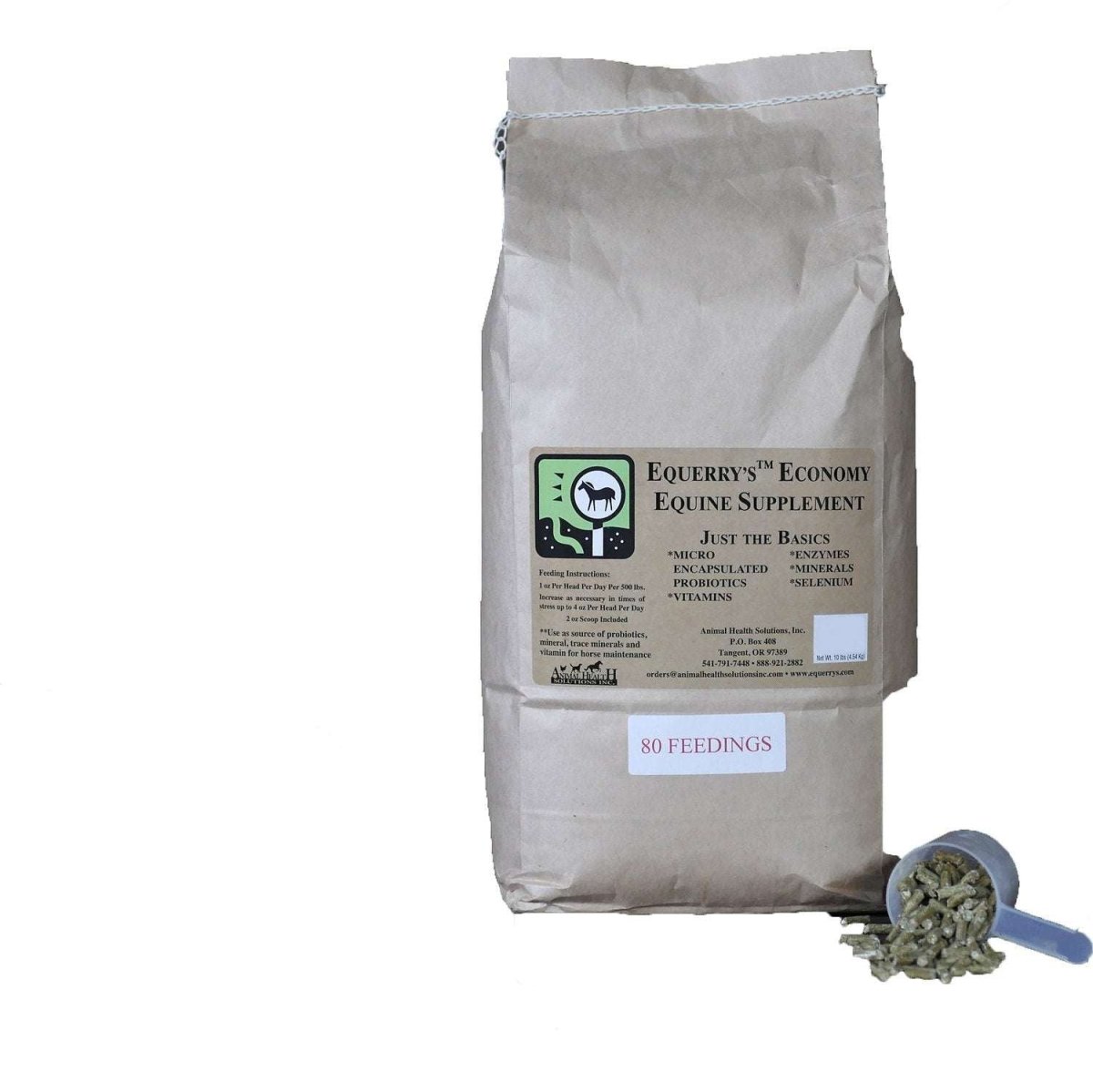 A ten-pound bag of Equerry's Economy Equine Supplement with a measuring scoop of pellets.