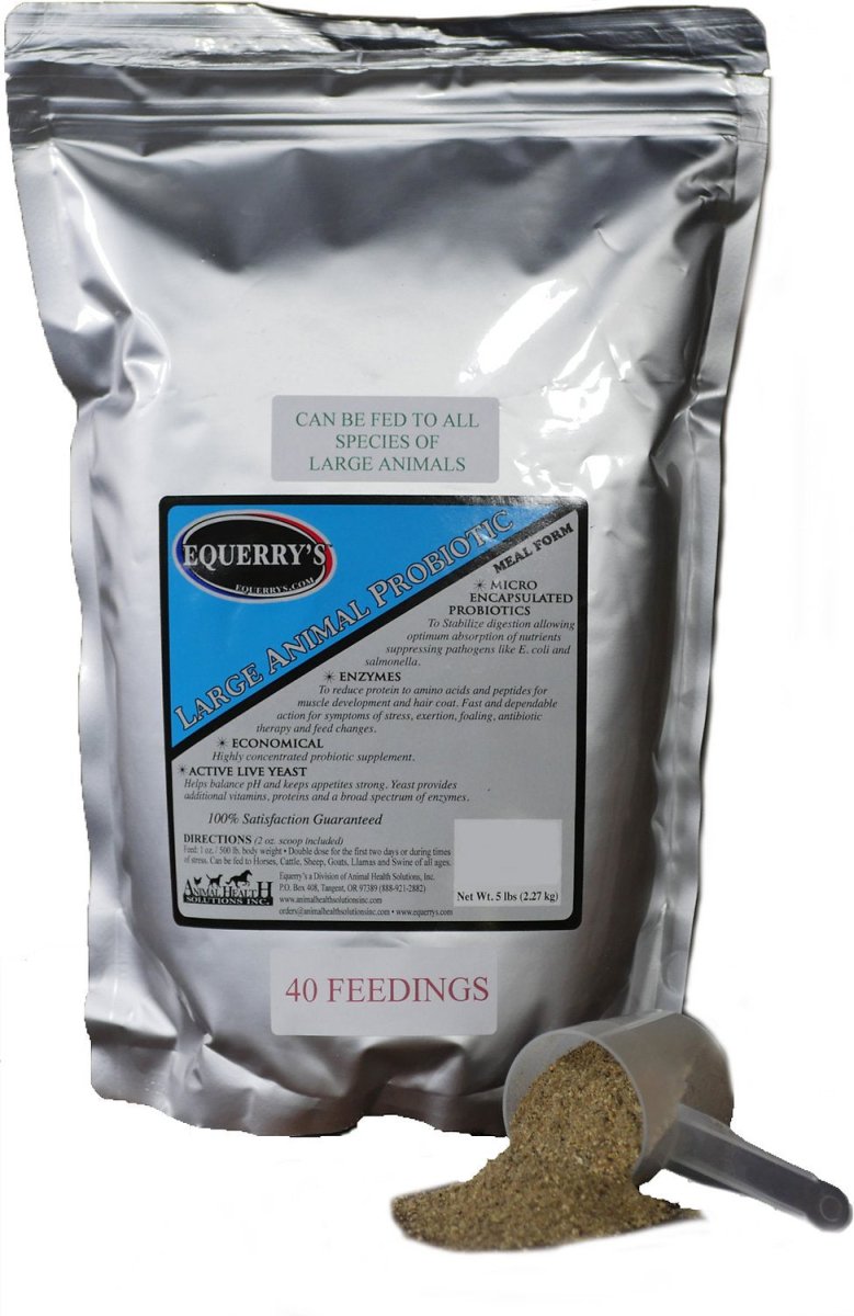 A five-pound bag of Equerry's Large Animal Probiotic with a measuring scoop of the supplement.