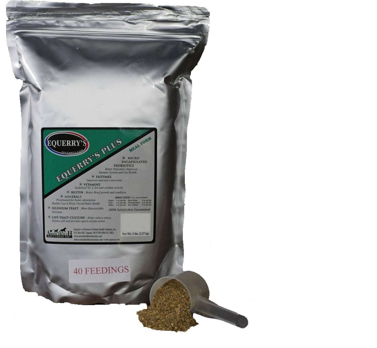 A five-pound bag of Equerry's Plus supplement with a measuring scoop of the meal-form product.