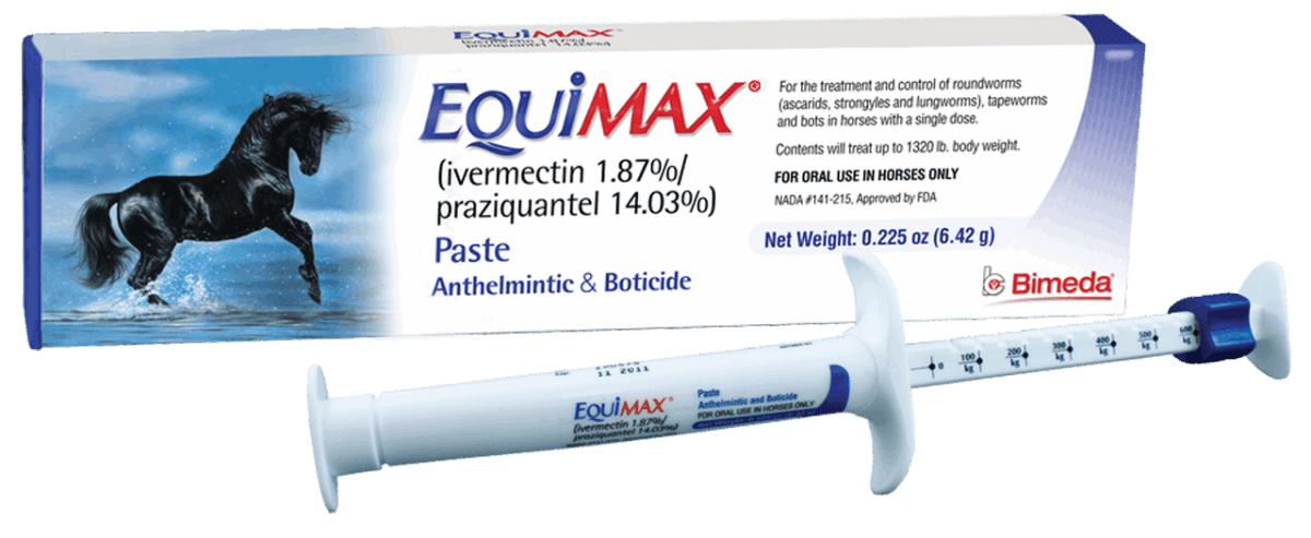 Equimax Equine Dewormer paste in a syringe with a weight-marked plunger and its product box.