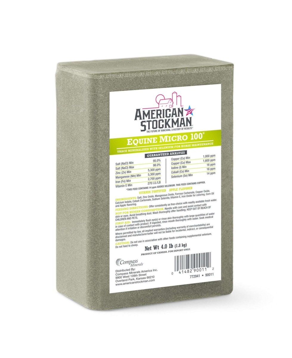 A four-pound Equine Micro 100 salt brick for horses with a white label and nutritional information.