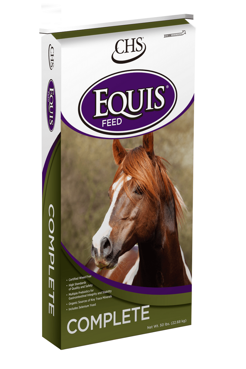 A 50-pound bag of Equis Complete horse feed featuring a picture of a brown and white horse.
