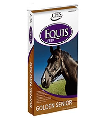 A bag of Equis Golden Senior horse feed featuring a picture of a horse on a green pasture.
