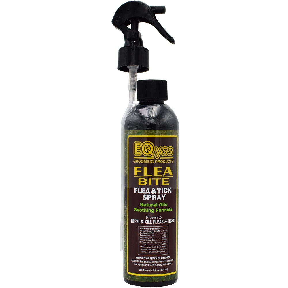 An eight-ounce bottle of Eqyss Flea Bite spray with a black trigger sprayer.
