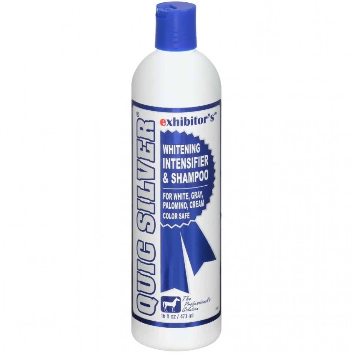 A 16-ounce bottle of Exhibitor's Quic Silver whitening intensifier and shampoo for horses.
