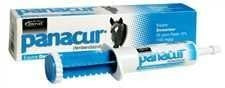 A tube of Panacur equine dewormer paste with its blue and white packaging box.