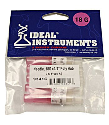 A five-pack of 18 gauge by 3/4 inch poly hub needles in a clear plastic bag.