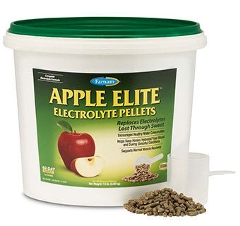 A white plastic tub of Farnam Apple Elite electrolyte pellets with a green lid and measuring scoop.
