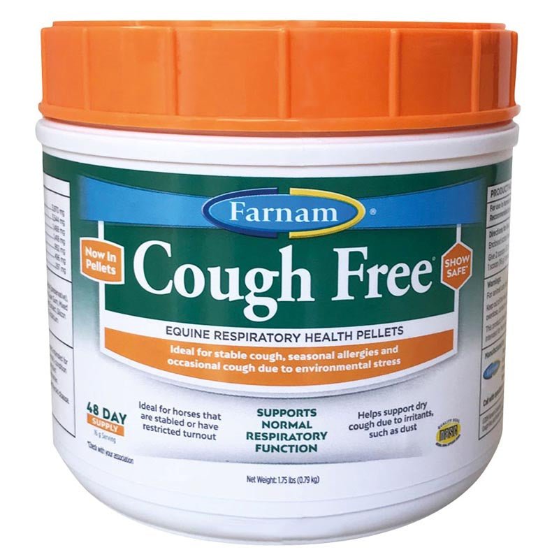 A white plastic tub of Farnam Cough Free equine respiratory health pellets with an orange lid.