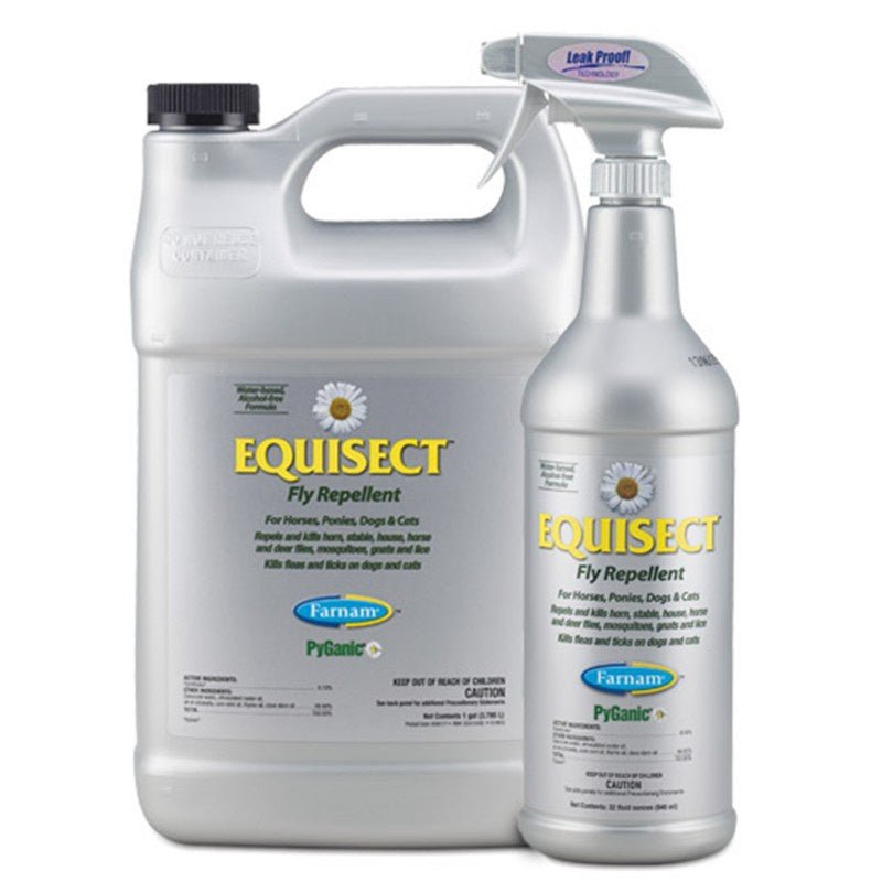 A one-gallon jug and a 32-ounce spray bottle of Farnam Equisect fly repellent.