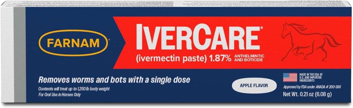 A tube of Farnam IverCare ivermectin paste for horses in apple flavor.
