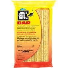 A yellow package of Farnam Just One Bite rodenticide bar for controlling rats and mice.