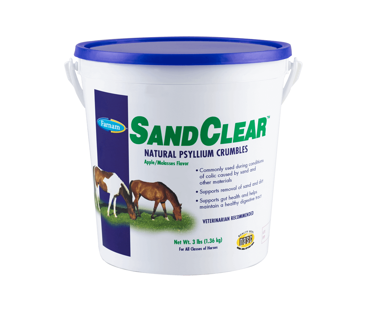 A three-pound bucket of Farnam Sand Clear natural psyllium crumbles for horses.