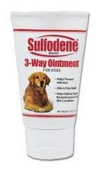 A tube of Farnam Sulfodene 3-Way Ointment for dogs featuring an image of a golden retriever.