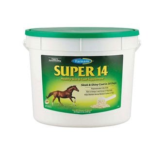 A white plastic bucket of Farnam Super 14 horse skin and coat supplement with a green lid.