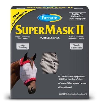 A Farnam SuperMask II horse fly mask in a yearling size with a mesh design and red trim.